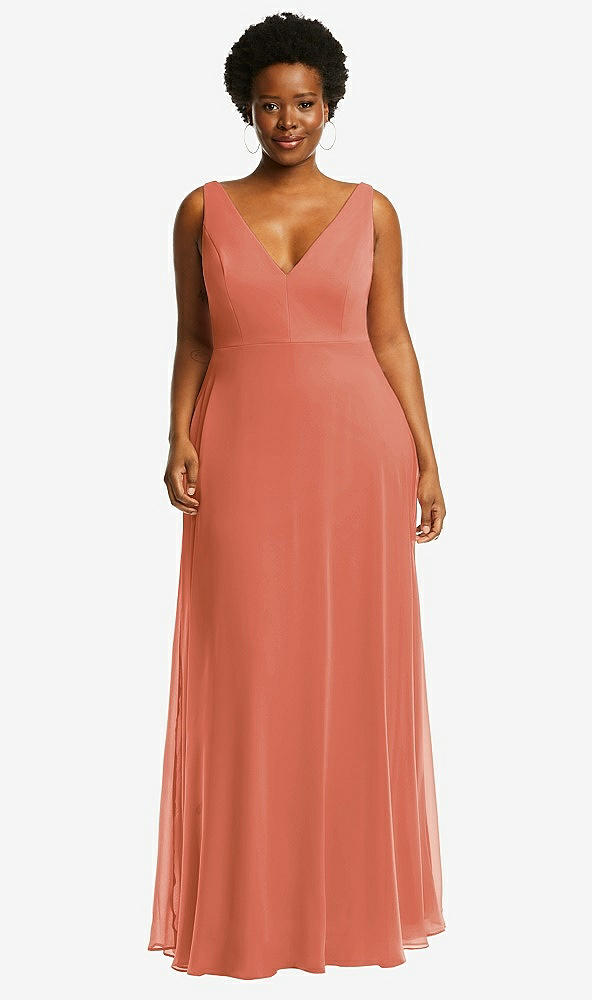 Front View - Terracotta Copper Deep V-Neck Chiffon Maxi Dress