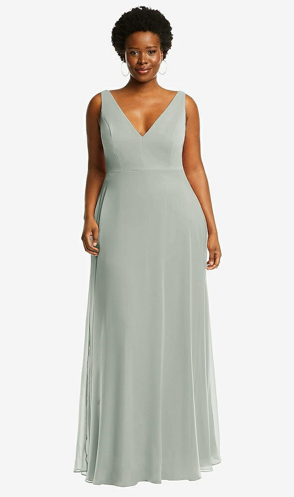 Front View - Willow Green Deep V-Neck Chiffon Maxi Dress