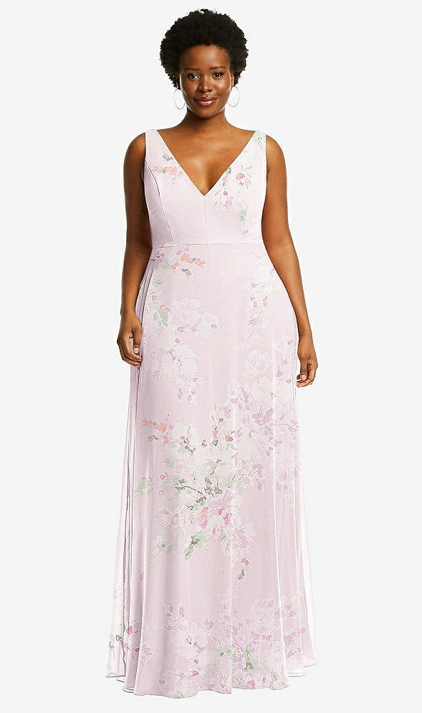 Front View - Watercolor Print Deep V-Neck Chiffon Maxi Dress