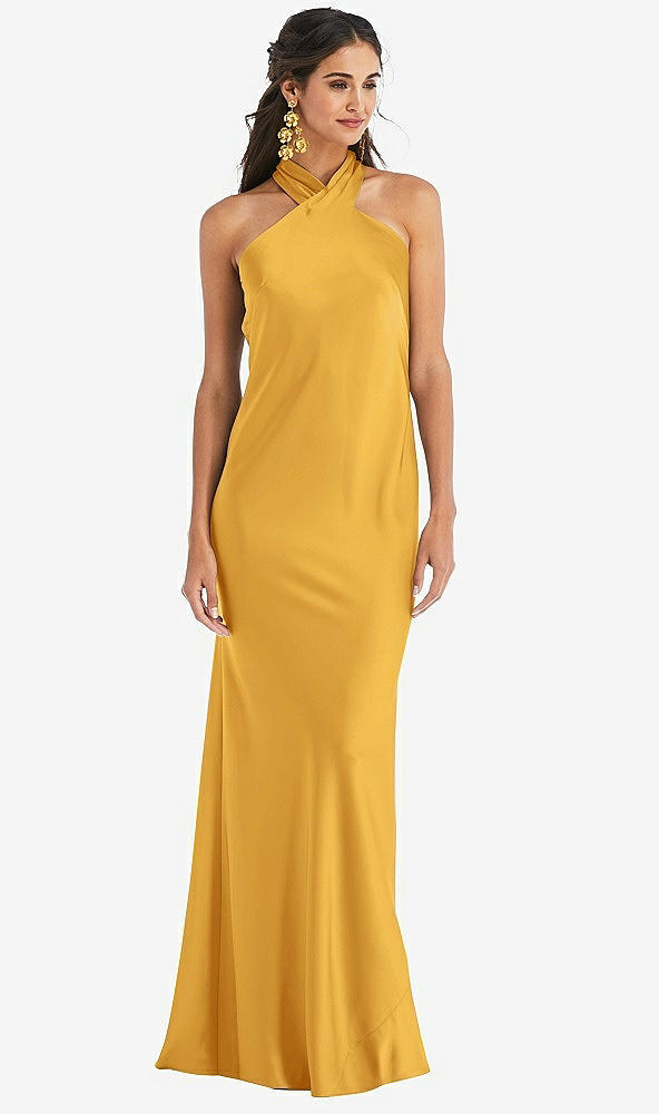 Front View - NYC Yellow Draped Twist Halter Tie-Back Trumpet Gown