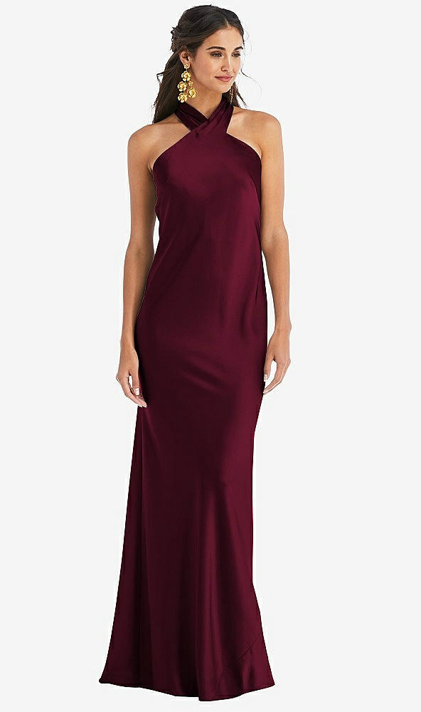 Front View - Cabernet Draped Twist Halter Tie-Back Trumpet Gown