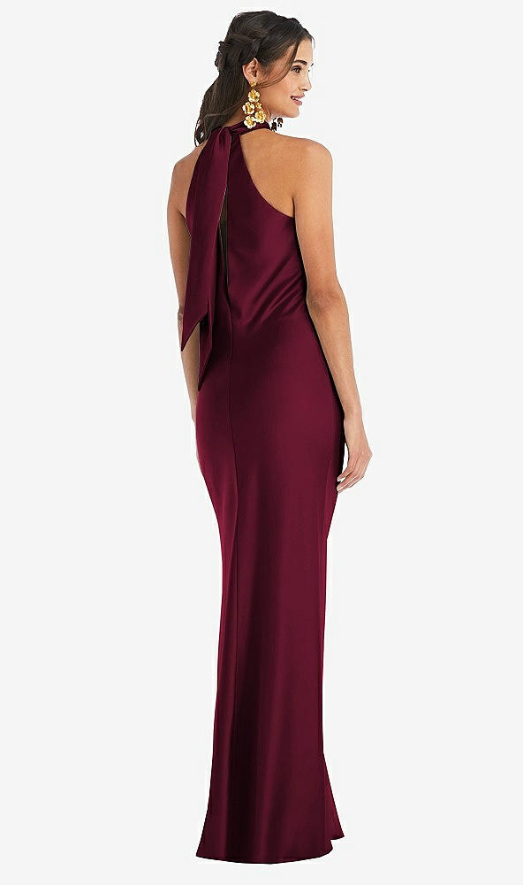 Back View - Cabernet Draped Twist Halter Tie-Back Trumpet Gown