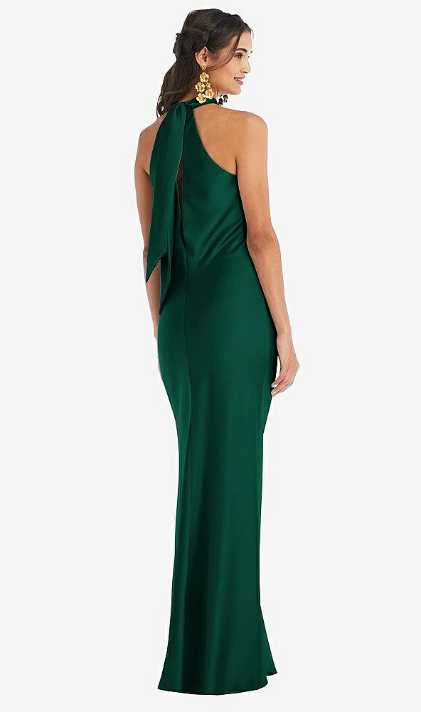 Back View - Hunter Green Draped Twist Halter Tie-Back Trumpet Gown