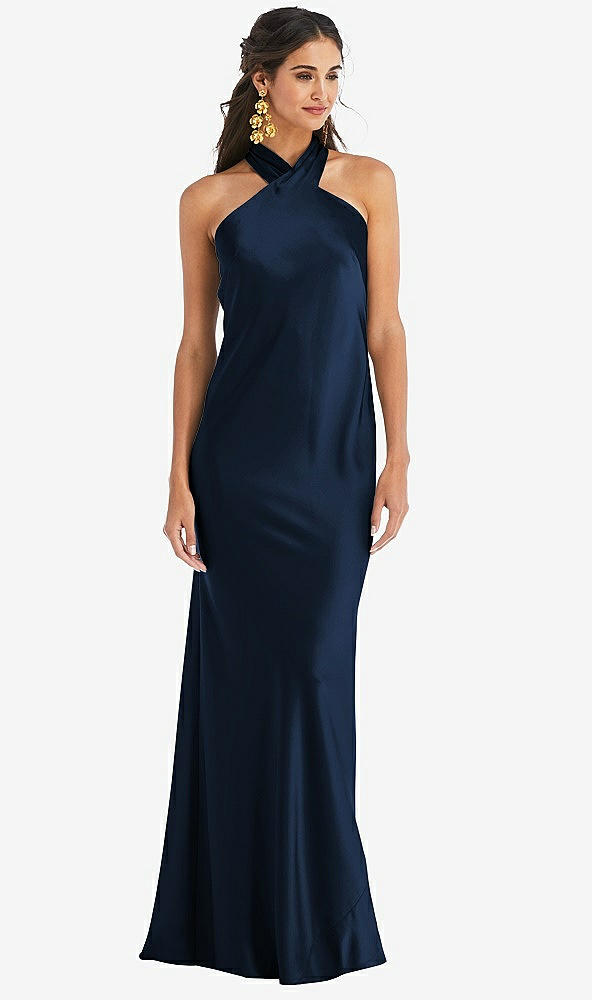 Front View - Midnight Navy Draped Twist Halter Tie-Back Trumpet Gown