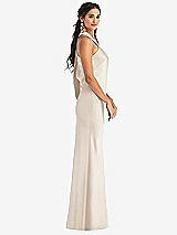 Side View Thumbnail - Oat Draped Twist Halter Tie-Back Trumpet Gown