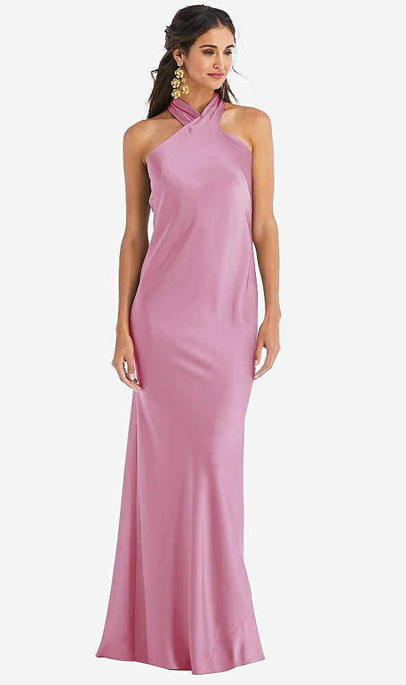 Front View - Powder Pink Draped Twist Halter Tie-Back Trumpet Gown