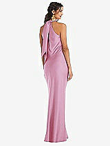 Rear View Thumbnail - Powder Pink Draped Twist Halter Tie-Back Trumpet Gown