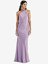 Front View Thumbnail - Pale Purple Draped Twist Halter Tie-Back Trumpet Gown