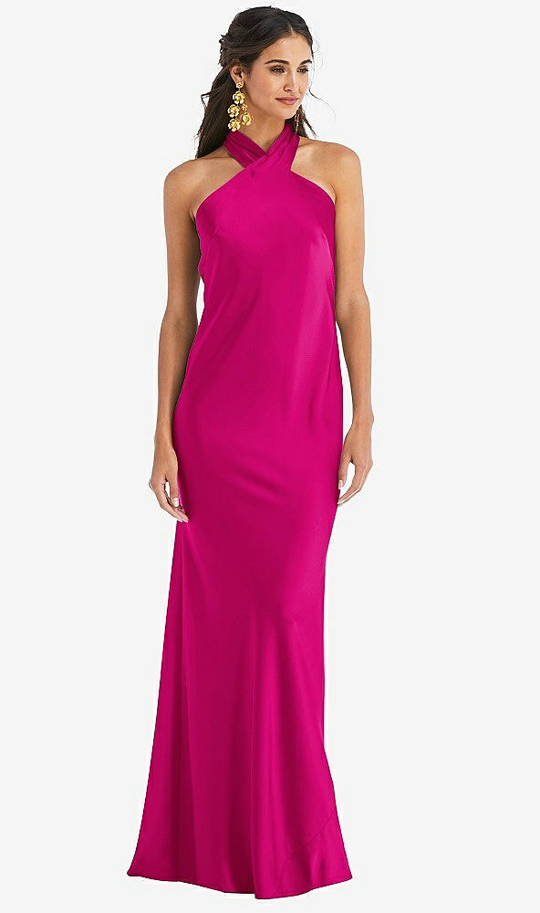 Front View - Think Pink Draped Twist Halter Tie-Back Trumpet Gown