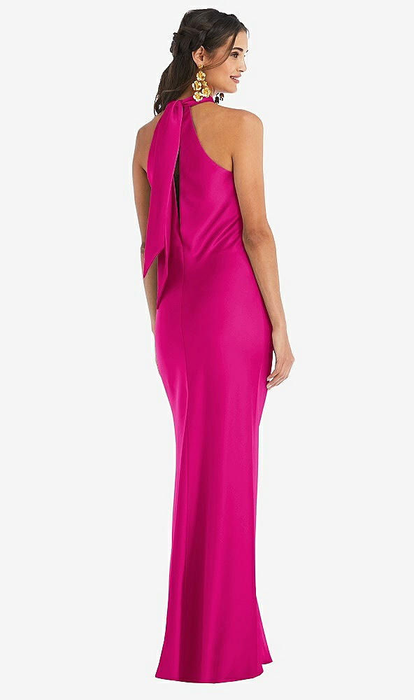 Back View - Think Pink Draped Twist Halter Tie-Back Trumpet Gown