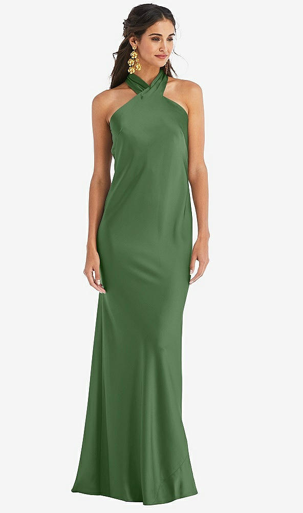 Front View - Vineyard Green Draped Twist Halter Tie-Back Trumpet Gown