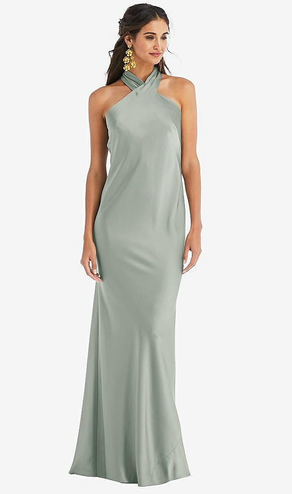 Front View - Willow Green Draped Twist Halter Tie-Back Trumpet Gown