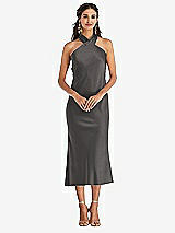 Front View Thumbnail - Caviar Gray Draped Twist Halter Tie-Back Midi Dress - Paloma