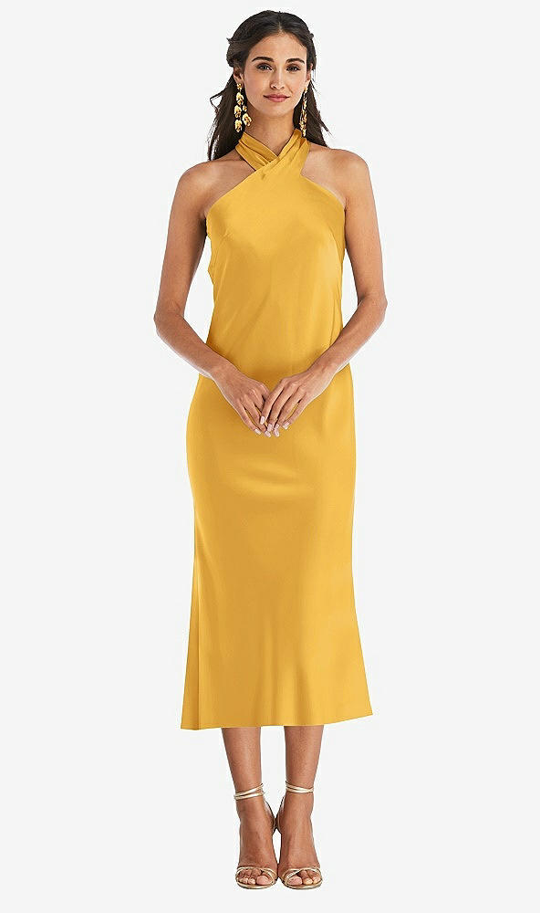 Front View - NYC Yellow Draped Twist Halter Tie-Back Midi Dress - Paloma