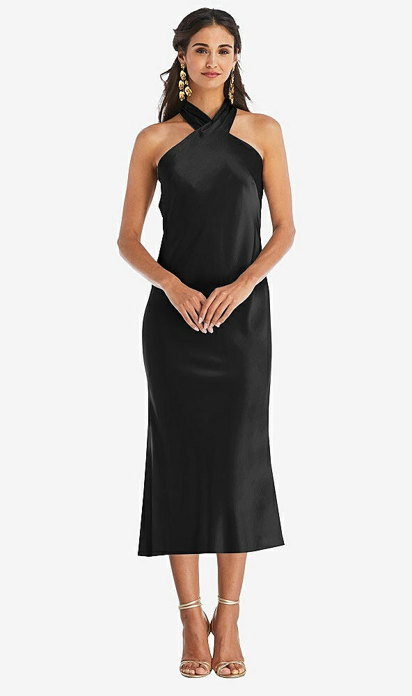 Front View - Black Draped Twist Halter Tie-Back Midi Dress - Paloma