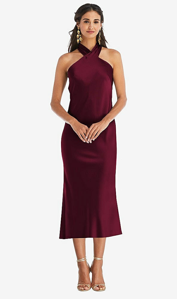 Front View - Cabernet Draped Twist Halter Tie-Back Midi Dress - Paloma