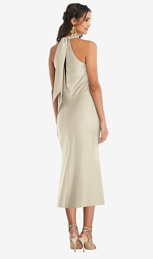 Back View - Champagne Draped Twist Halter Tie-Back Midi Dress - Paloma