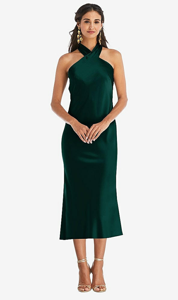 Front View - Evergreen Draped Twist Halter Tie-Back Midi Dress - Paloma