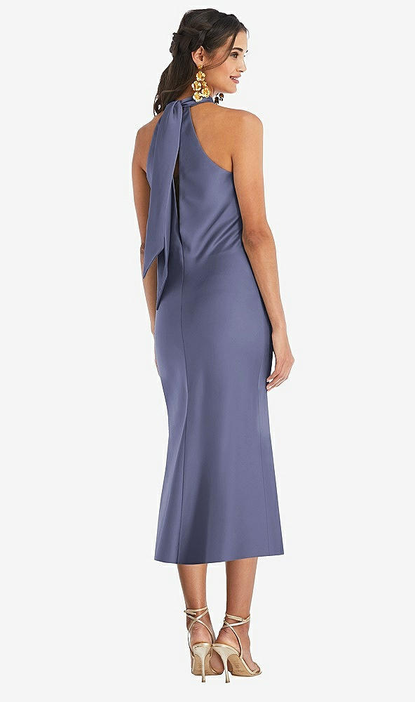 Back View - French Blue Draped Twist Halter Tie-Back Midi Dress - Paloma