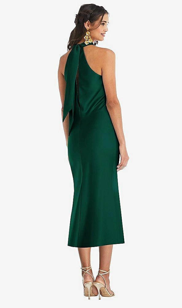 Back View - Hunter Green Draped Twist Halter Tie-Back Midi Dress - Paloma