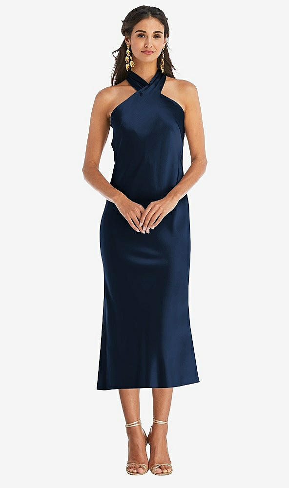 Front View - Midnight Navy Draped Twist Halter Tie-Back Midi Dress - Paloma