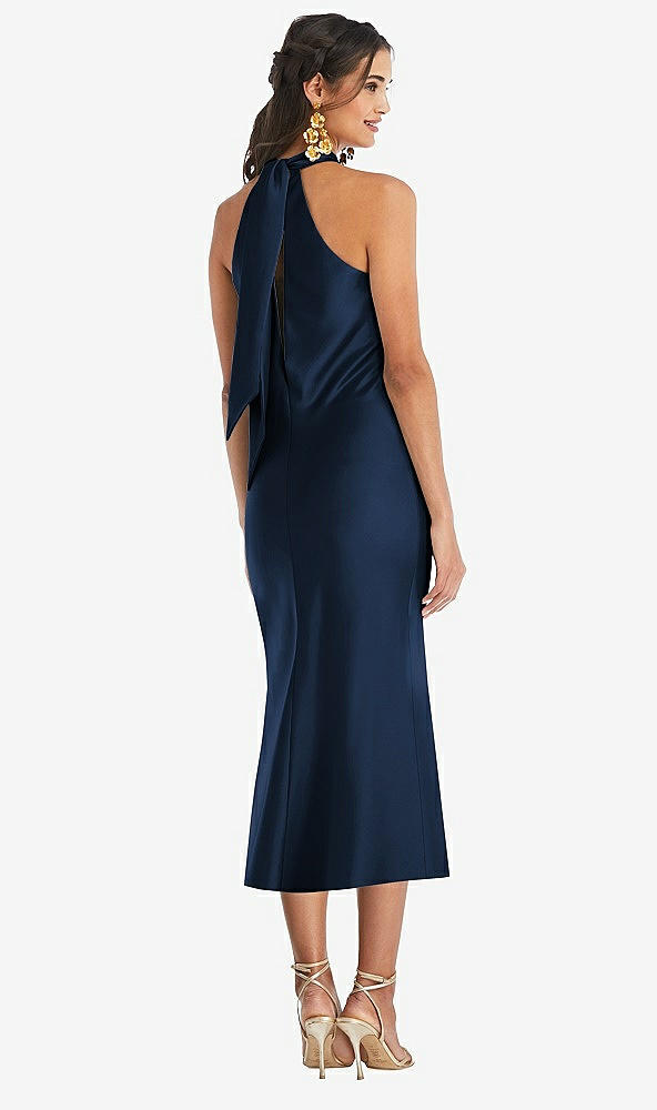 Back View - Midnight Navy Draped Twist Halter Tie-Back Midi Dress - Paloma