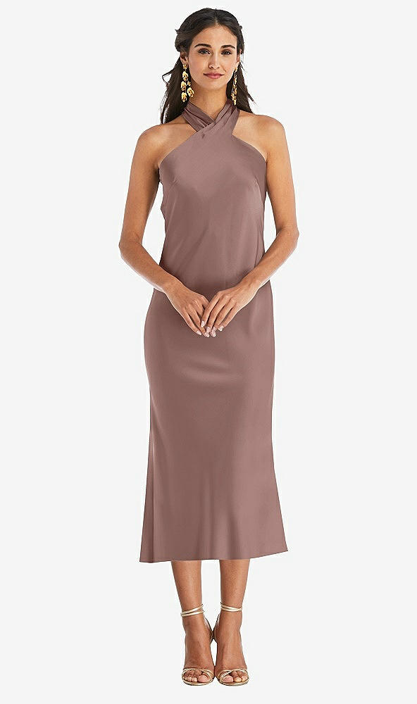 Front View - Sienna Draped Twist Halter Tie-Back Midi Dress - Paloma