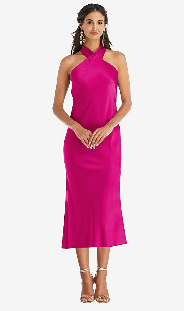 Front View - Think Pink Draped Twist Halter Tie-Back Midi Dress - Paloma