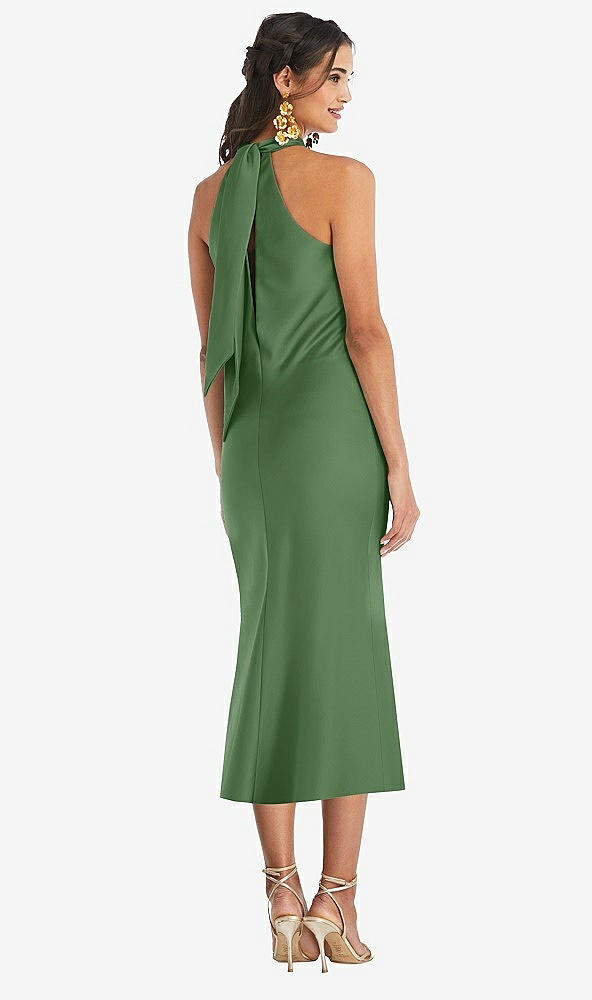 Back View - Vineyard Green Draped Twist Halter Tie-Back Midi Dress - Paloma