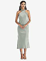 Front View Thumbnail - Willow Green Draped Twist Halter Tie-Back Midi Dress - Paloma