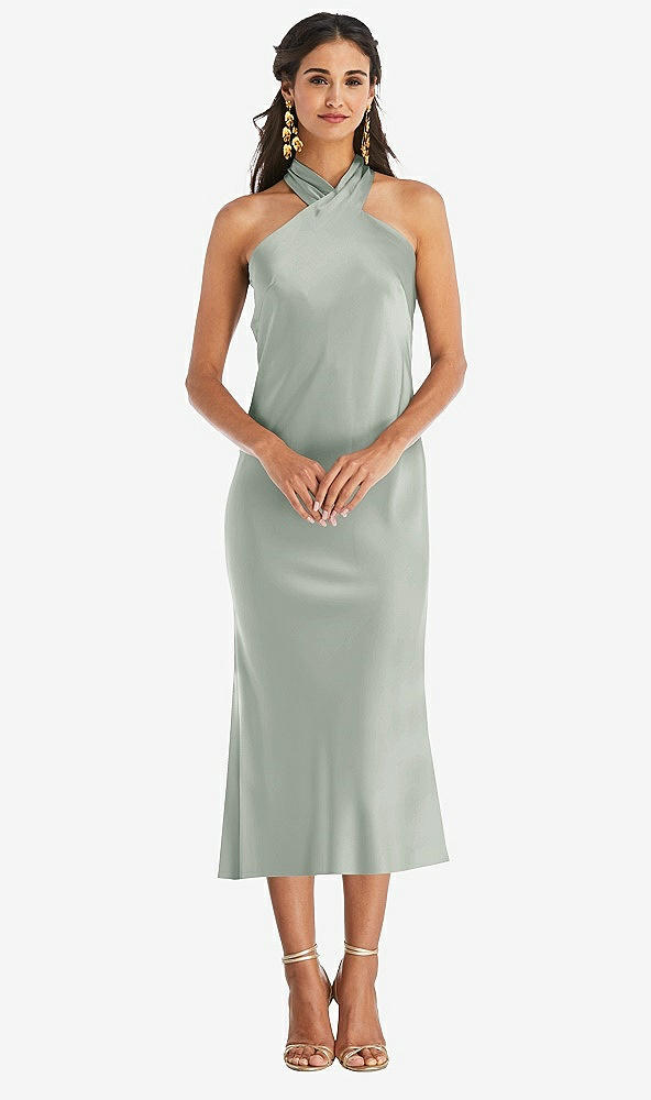 Front View - Willow Green Draped Twist Halter Tie-Back Midi Dress - Paloma