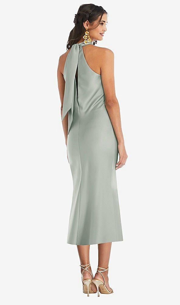 Back View - Willow Green Draped Twist Halter Tie-Back Midi Dress - Paloma