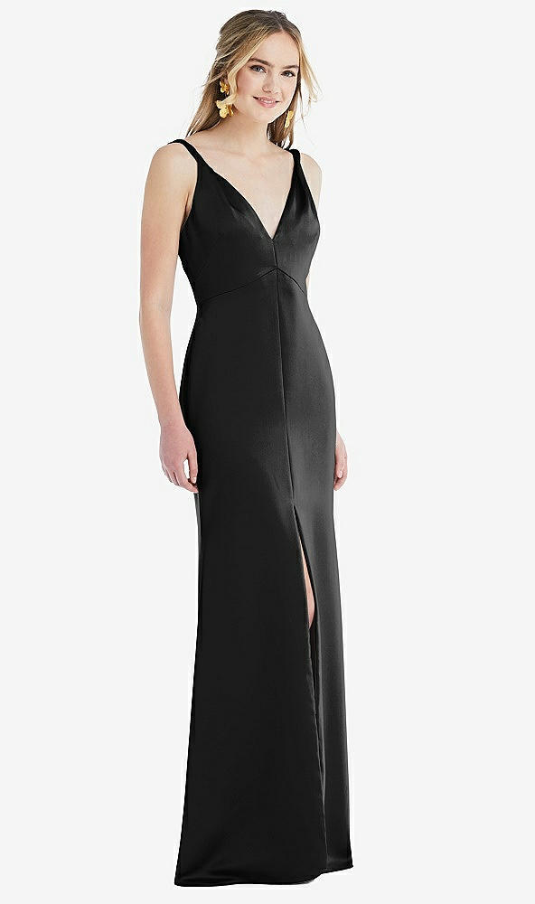 Front View - Black Twist Strap Maxi Slip Dress with Front Slit - Neve