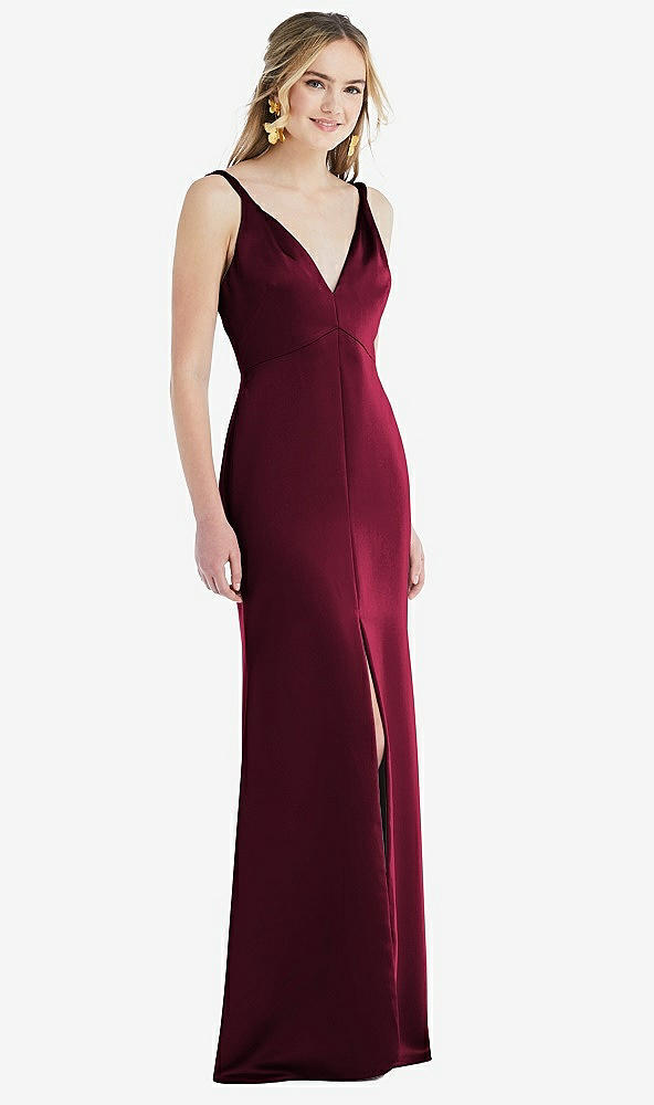 Front View - Cabernet Twist Strap Maxi Slip Dress with Front Slit - Neve