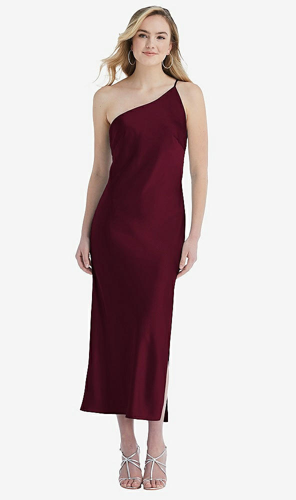 Front View - Cabernet One-Shoulder Asymmetrical Midi Slip Dress