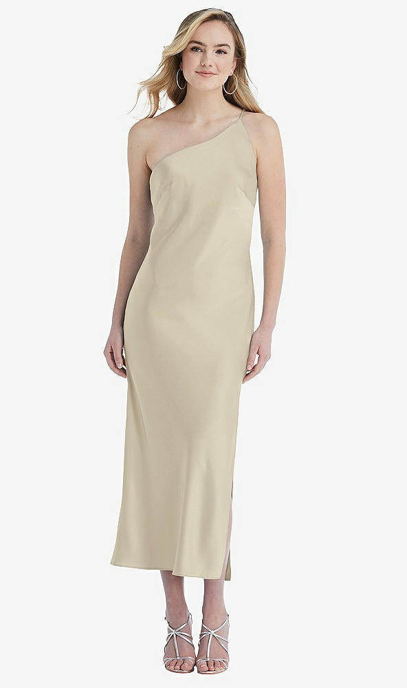 Front View - Champagne One-Shoulder Asymmetrical Midi Slip Dress