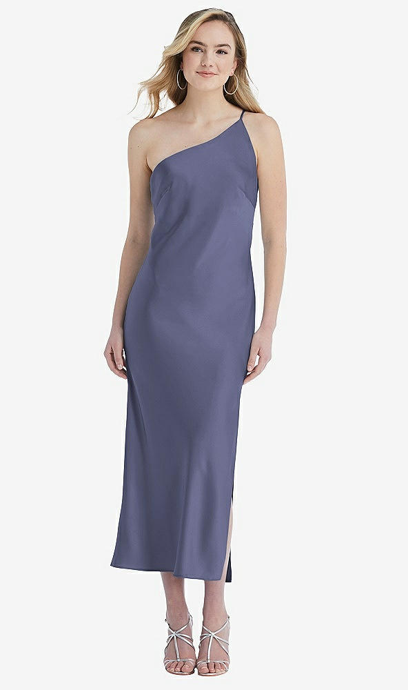 Front View - French Blue One-Shoulder Asymmetrical Midi Slip Dress