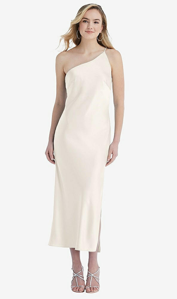 Front View - Ivory One-Shoulder Asymmetrical Midi Slip Dress