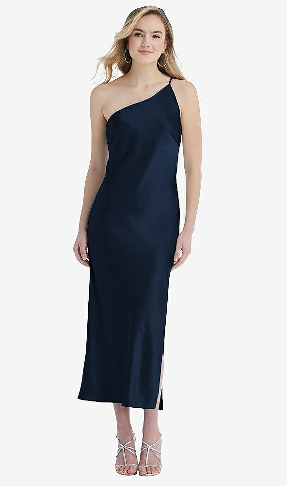 Front View - Midnight Navy One-Shoulder Asymmetrical Midi Slip Dress