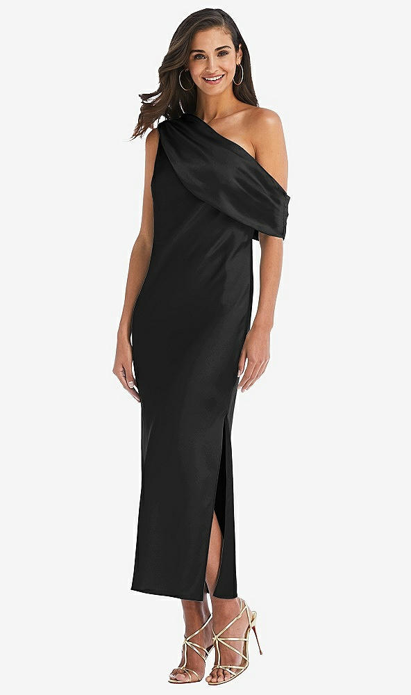 Front View - Black Draped One-Shoulder Convertible Midi Slip Dress