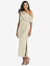 Front View Thumbnail - Champagne Draped One-Shoulder Convertible Midi Slip Dress