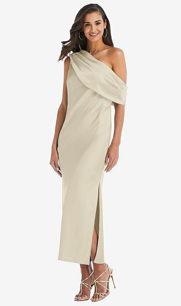 Front View - Champagne Draped One-Shoulder Convertible Midi Slip Dress