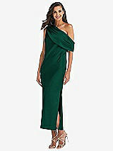 Front View Thumbnail - Hunter Green Draped One-Shoulder Convertible Midi Slip Dress