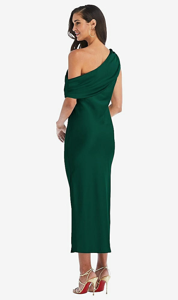 Back View - Hunter Green Draped One-Shoulder Convertible Midi Slip Dress