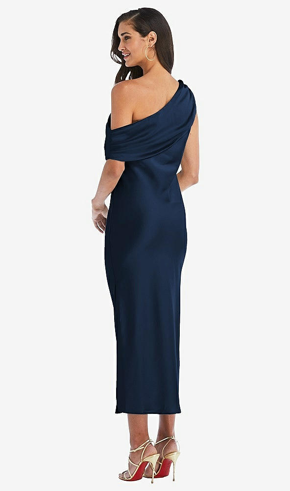 Back View - Midnight Navy Draped One-Shoulder Convertible Midi Slip Dress