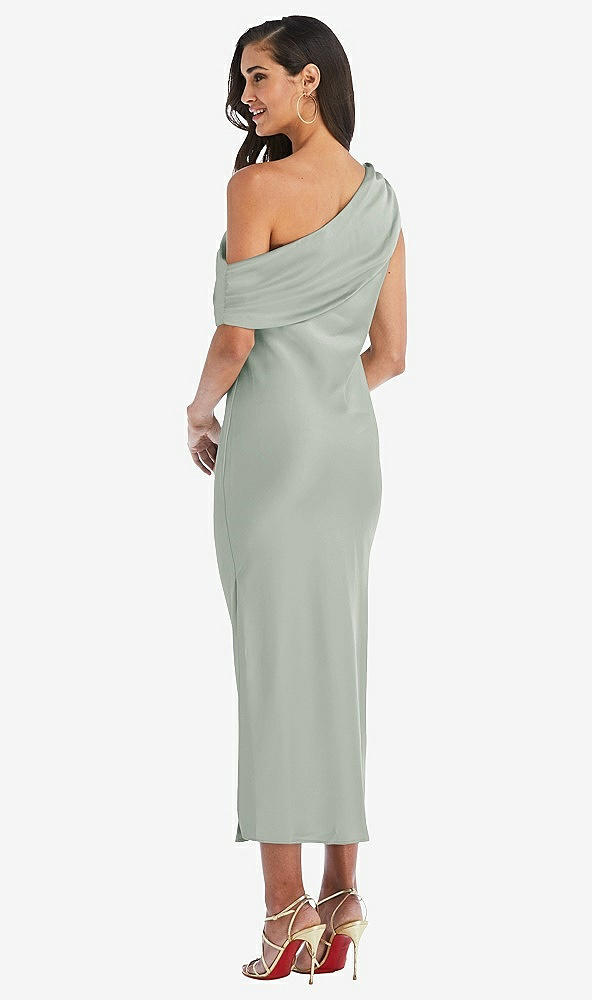 Back View - Willow Green Draped One-Shoulder Convertible Midi Slip Dress