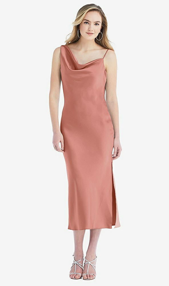 Front View - Desert Rose Asymmetrical One-Shoulder Cowl Midi Slip Dress