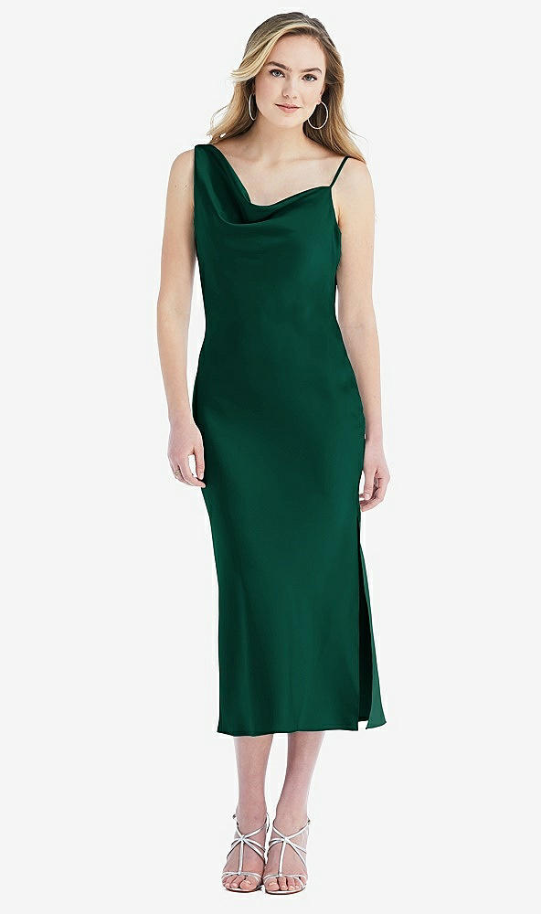 Front View - Hunter Green Asymmetrical One-Shoulder Cowl Midi Slip Dress