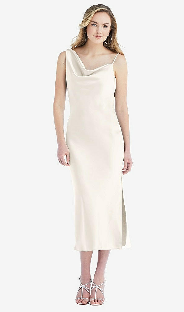 Front View - Ivory Asymmetrical One-Shoulder Cowl Midi Slip Dress