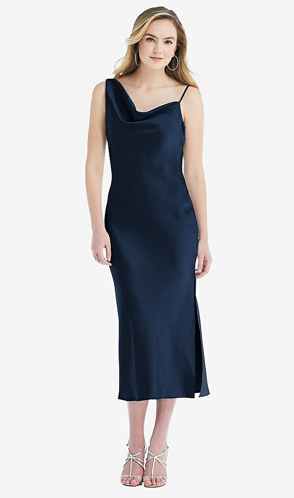 Front View - Midnight Navy Asymmetrical One-Shoulder Cowl Midi Slip Dress